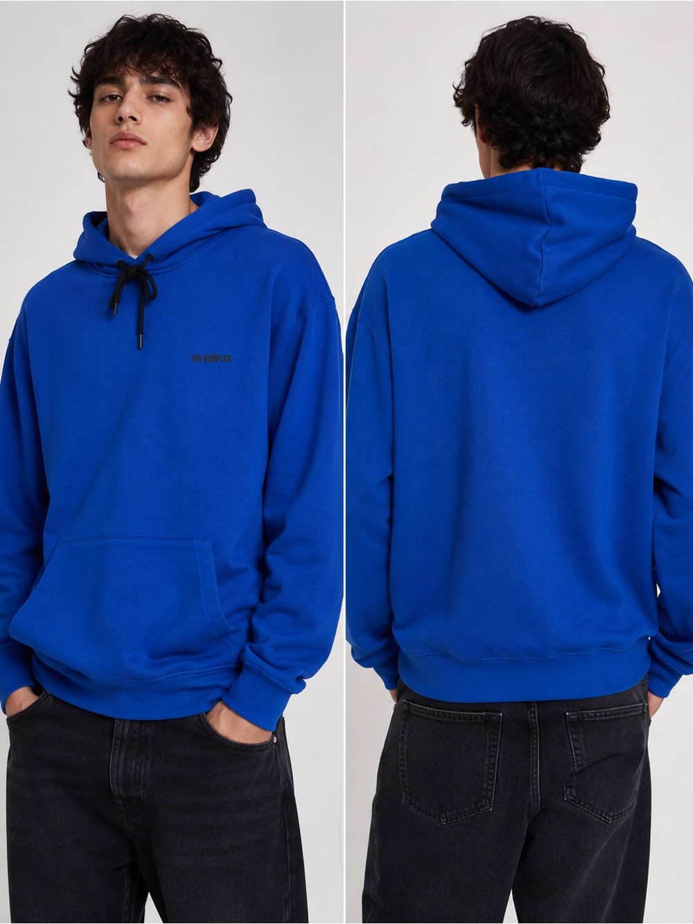 The Kooples Logo Blue Hoodie Pullover Black Ties & Kangaroo Pocket 100% Cotton